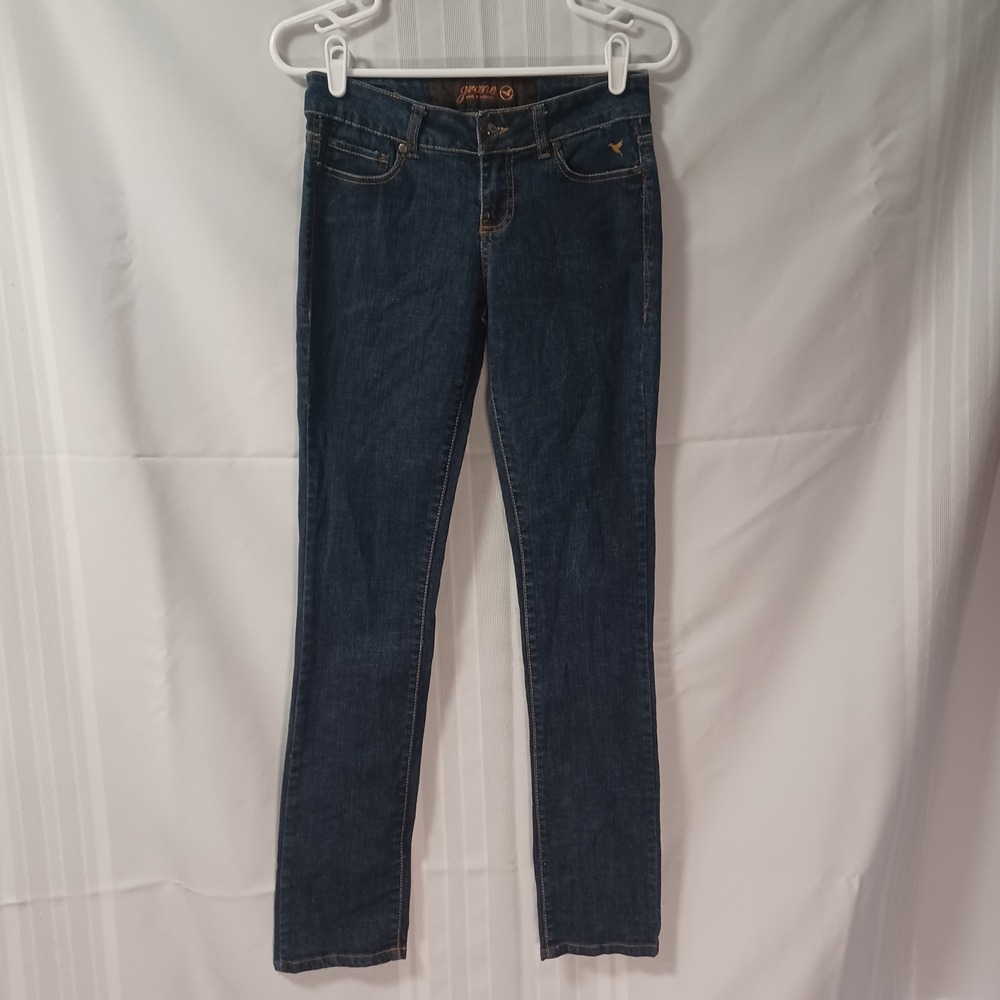 Grane Jean Junior Size 3 Blue Dark Wash Skinny Denim Embroidered Bird Logo 28x31